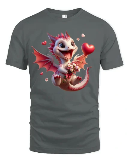 Cute Valentine Dragon with Heart Gift Love Art T-Shirt - gray t-shirt on white background