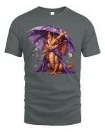 Cute Little Dragon with Purple Umbrella Art T-Shirt - gray t-shirt on white background