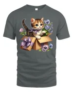 Cute Kitten in Gift Box Floral Art Kawaii T-Shirt - gray t-shirt on white background