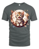 Cute Smiling Kitten and Butterflies Graphic T-Shirt - gray t-shirt on white background
