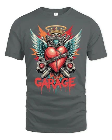 Garage Heart Engine Wings Mechanic Art Graphic T-Shirt - gray t-shirt on white background