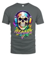 Neon Skull Headphones Pleasure Graphic Art T-Shirt - gray t-shirt on white background