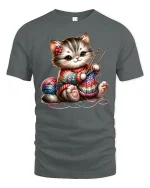 Cute Knitting Cat Rainbow Yarn Art Funny Graphic T-Shirt - gray t-shirt on white background