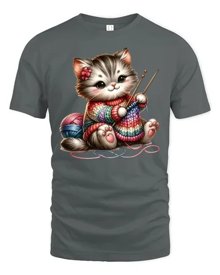 Cute Knitting Cat Rainbow Yarn Art Funny Graphic T-Shirt - gray t-shirt on white background