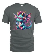 Cute Music Dragon with Headphones Fun Art T-Shirt - gray t-shirt on white background
