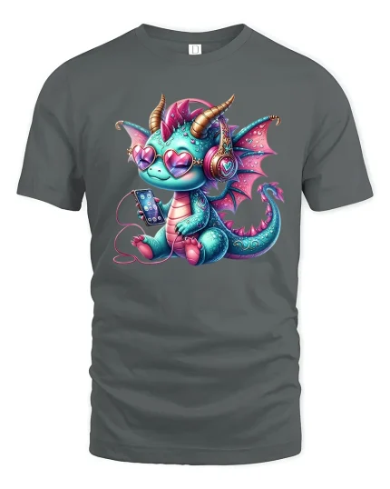 Cute Music Dragon with Headphones Fun Art T-Shirt - gray t-shirt on white background