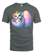 Cute Baby Dragon Hatching from Egg Fantasy Art T-Shirt - gray t-shirt on white background