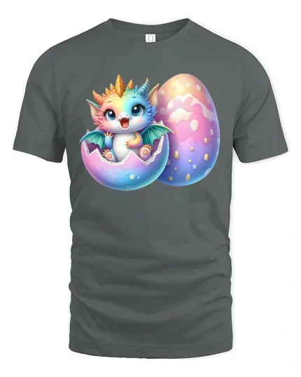 Cute Baby Dragon Hatching from Egg Fantasy Art T-Shirt - gray t-shirt on white background