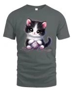 Cute Black and White Kitten with Yarn Ball Art T-Shirt - gray t-shirt on white background