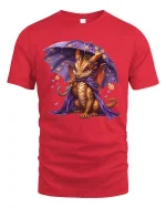 Cute Little Dragon with Purple Umbrella Art T-Shirt - red t-shirt on white background
