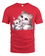 Cute Mom and Baby Cat Hugging Love Art Graphic T-Shirt - red t-shirt on white background