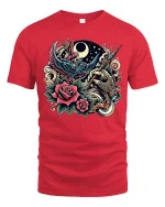 Vintage Tattoo Art Phoenix Rose and Moon Graphic T-Shirt - red t-shirt on white background