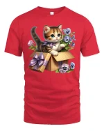 Cute Kitten in Gift Box Floral Art Kawaii T-Shirt - red t-shirt on white background