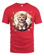 Cute Smiling Kitten and Butterflies Graphic T-Shirt - red t-shirt on white background