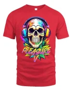 Neon Skull Headphones Pleasure Graphic Art T-Shirt - red t-shirt on white background