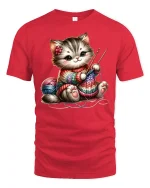 Cute Knitting Cat Rainbow Yarn Art Funny Graphic T-Shirt - red t-shirt on white background