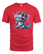 Cute Music Dragon with Headphones Fun Art T-Shirt - red t-shirt on white background
