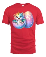 Cute Baby Dragon Hatching from Egg Fantasy Art T-Shirt - red t-shirt on white background