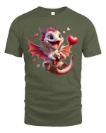 Cute Valentine Dragon with Heart Gift Love Art T-Shirt - military green t-shirt on white background
