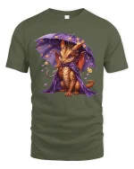 Cute Little Dragon with Purple Umbrella Art T-Shirt - military green t-shirt on white background