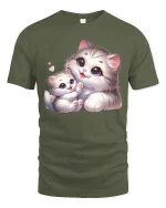 Cute Mom and Baby Cat Hugging Love Art Graphic T-Shirt - military green t-shirt on white background