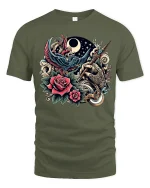 Vintage Tattoo Art Phoenix Rose and Moon Graphic T-Shirt - military green t-shirt on white background