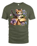 Cute Kitten in Gift Box Floral Art Kawaii T-Shirt - military green t-shirt on white background