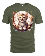 Cute Smiling Kitten and Butterflies Graphic T-Shirt - military green t-shirt on white background