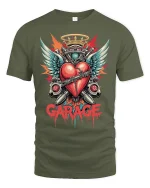 Garage Heart Engine Wings Mechanic Art Graphic T-Shirt - military green t-shirt on white background