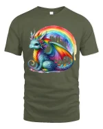 Cute Rainbow Dragon Fantasy Art Colorful Graphic T-Shirt - military green t-shirt on white background