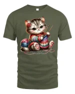 Cute Knitting Cat Rainbow Yarn Art Funny Graphic T-Shirt - military green t-shirt on white background