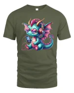 Cute Music Dragon with Headphones Fun Art T-Shirt - military green t-shirt on white background