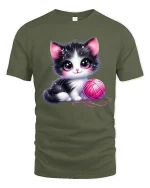 Cute Black and White Kitten with Pink Yarn Art T-Shirt - military green t-shirt on white background