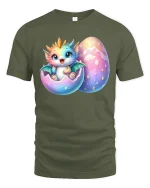 Cute Baby Dragon Hatching from Egg Fantasy Art T-Shirt - military green t-shirt on white background