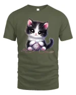 Cute Black and White Kitten with Yarn Ball Art T-Shirt - military green t-shirt on white background