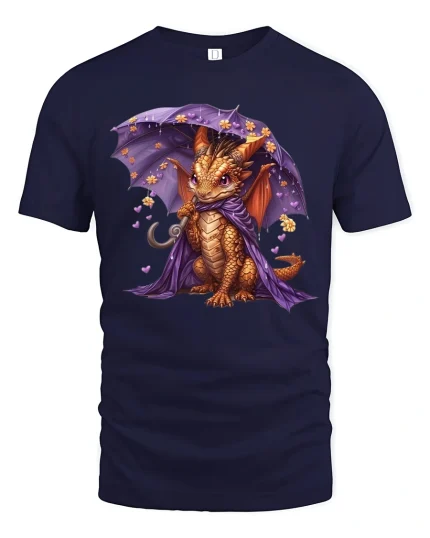 Cute Little Dragon with Purple Umbrella Art T-Shirt - navy t-shirt on white background