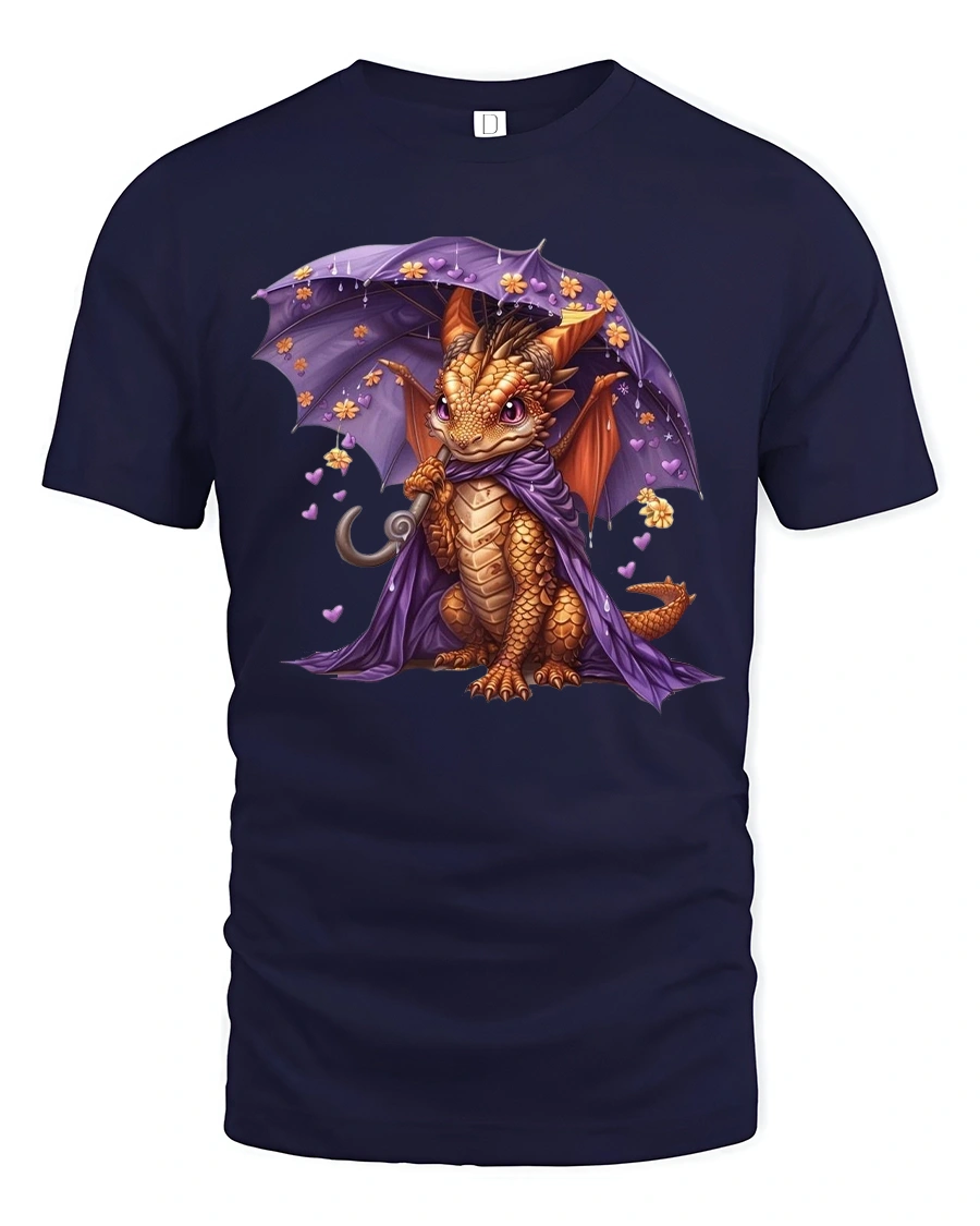 Cute Little Dragon with Purple Umbrella Art T-Shirt - 1 Cute Little Dragon with Purple Umbrella Art T-Shirt - navy t-shirt on white background