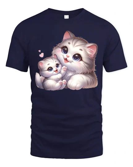 Cute Mom and Baby Cat Hugging Love Art Graphic T-Shirt - navy t-shirt on white background