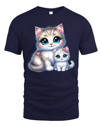Adorable Cat Mom and Baby Love Kawaii Art T-Shirt - navy t-shirt on white background