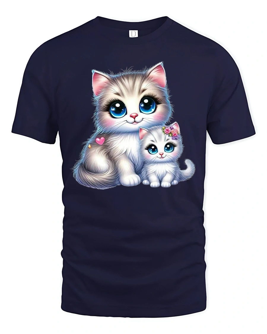 Adorable Cat Mom and Baby Love Kawaii Art T-Shirt - 1 Adorable Cat Mom and Baby Love Kawaii Art T-Shirt - navy t-shirt on white background