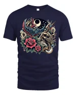 Vintage Tattoo Art Phoenix Rose and Moon Graphic T-Shirt - navy t-shirt on white background