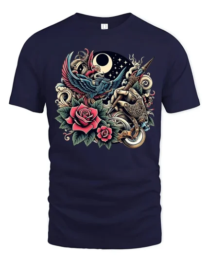 Vintage Tattoo Art Phoenix Rose and Moon Graphic T-Shirt - navy t-shirt on white background