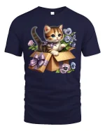 Cute Kitten in Gift Box Floral Art Kawaii T-Shirt - navy t-shirt on white background