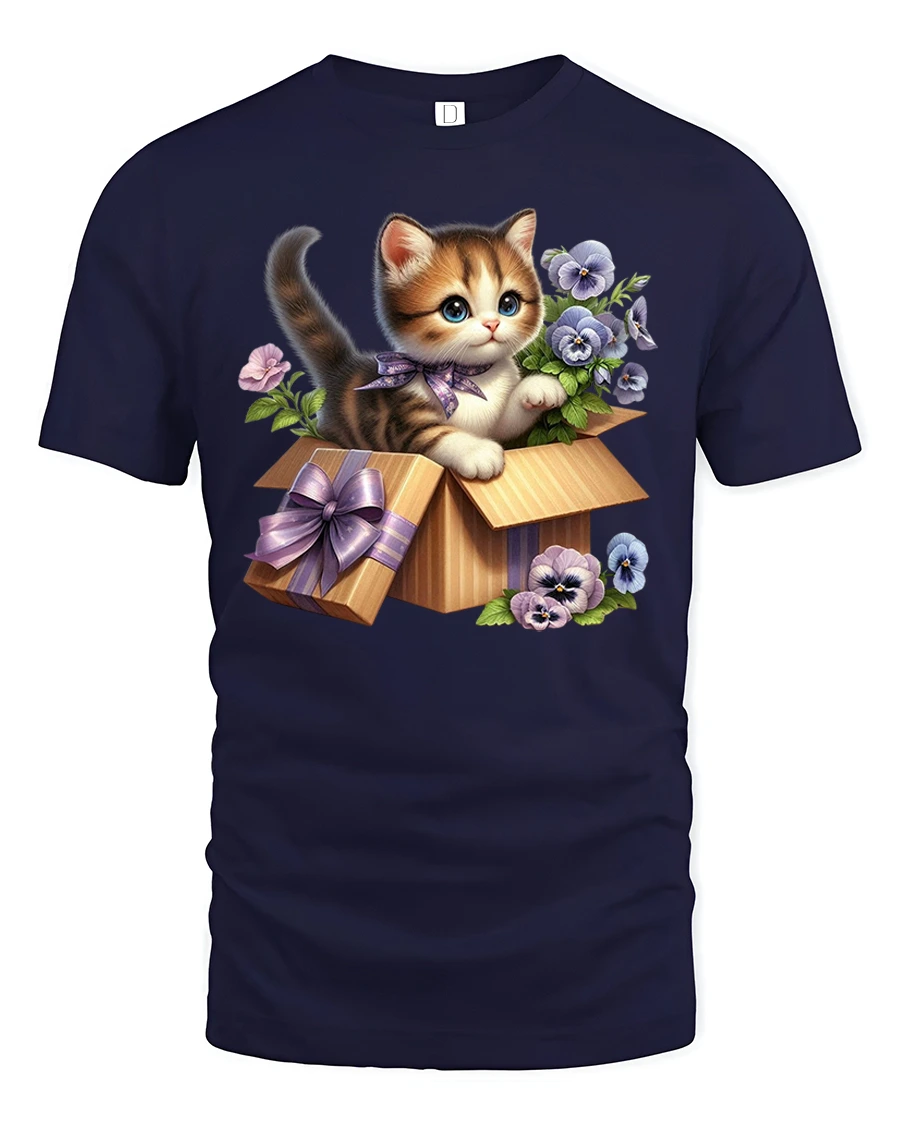 Cute Kitten in Gift Box Floral Art Kawaii T-Shirt - 1 Cute Kitten in Gift Box Floral Art Kawaii T-Shirt - navy t-shirt on white background