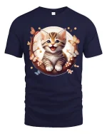 Cute Smiling Kitten and Butterflies Graphic T-Shirt - navy t-shirt on white background
