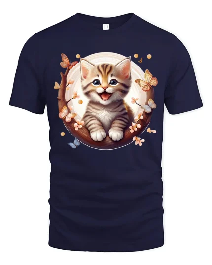 Cute Smiling Kitten and Butterflies Graphic T-Shirt - navy t-shirt on white background