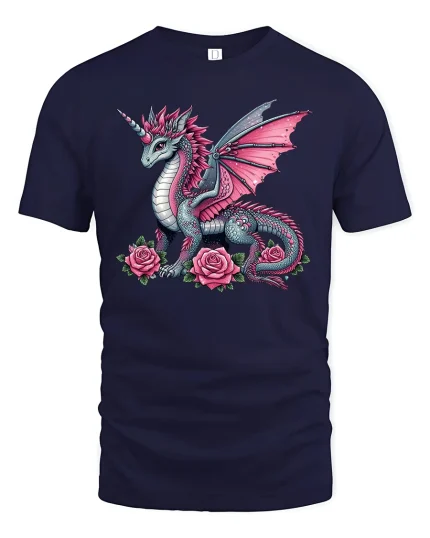 Elegant Pink Rose Dragon Fantasy Art Graphic T-Shirt - navy t-shirt on white background