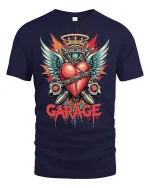 Garage Heart Engine Wings Mechanic Art Graphic T-Shirt - navy t-shirt on white background