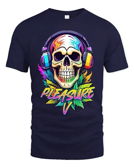 Neon Skull Headphones Pleasure Graphic Art T-Shirt - navy t-shirt on white background