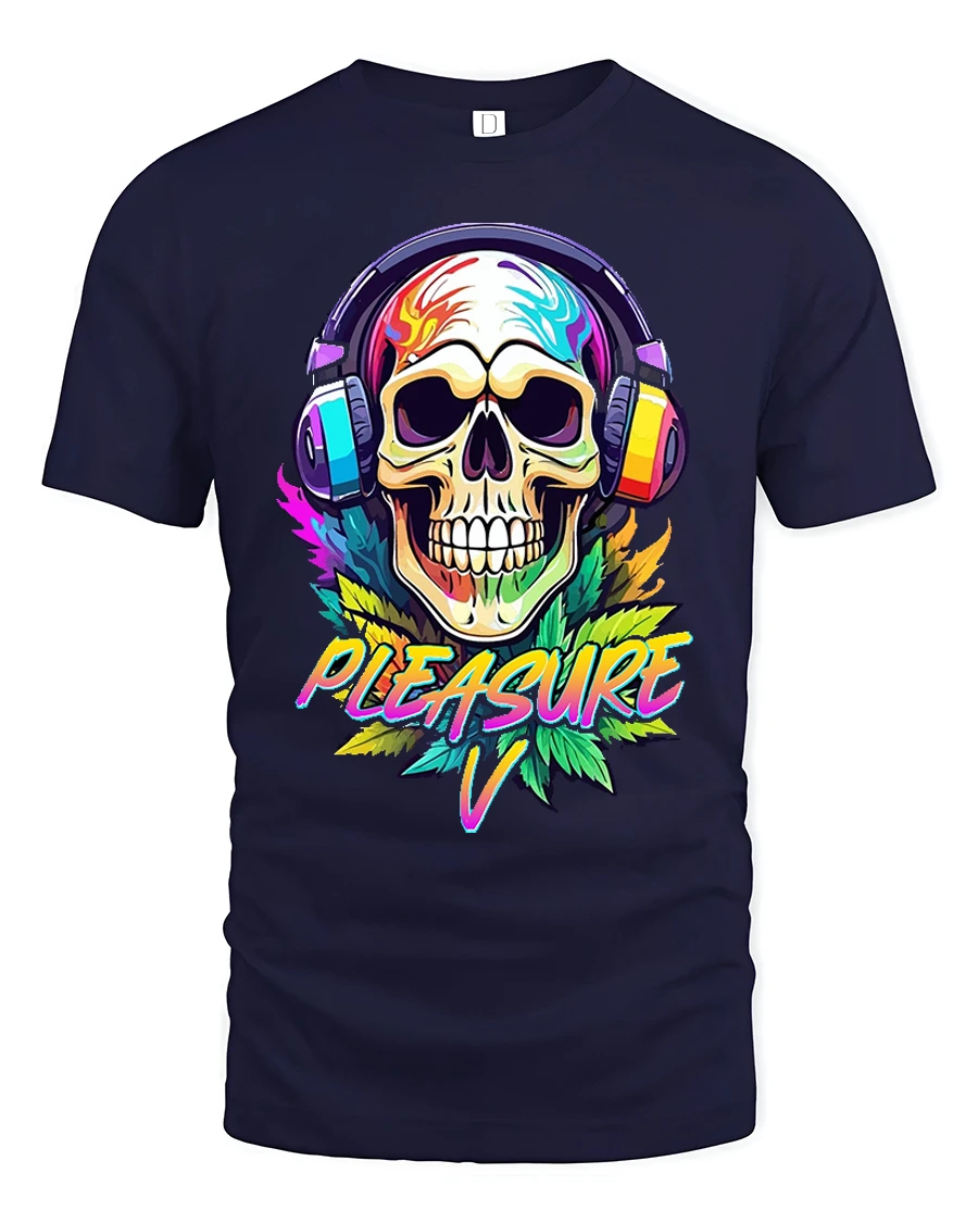 Neon Skull Headphones Pleasure Graphic Art T-Shirt - 1 Neon Skull Headphones Pleasure Graphic Art T-Shirt - navy t-shirt on white background